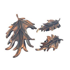 Vintage Copper Tone Leaf Brooch & Clip-On Earrings Set